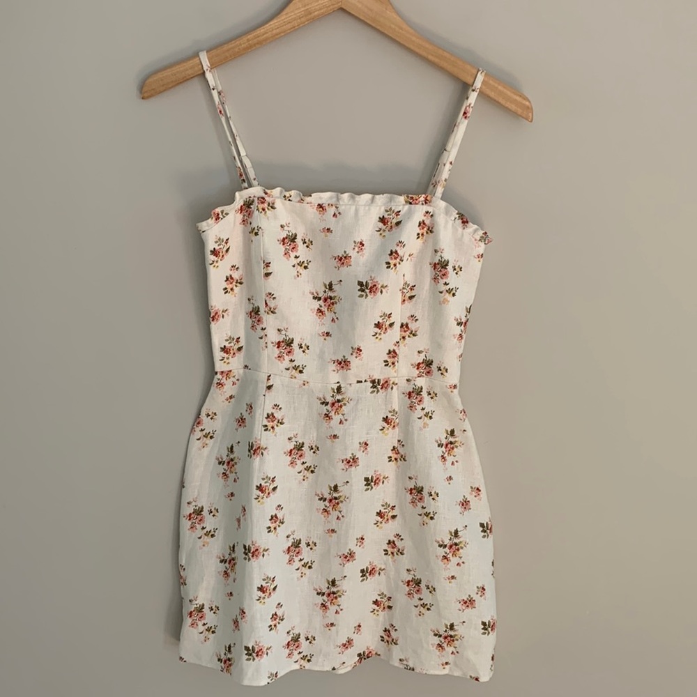 Reformation White Floral Mini Dress with Pink & Green Accents